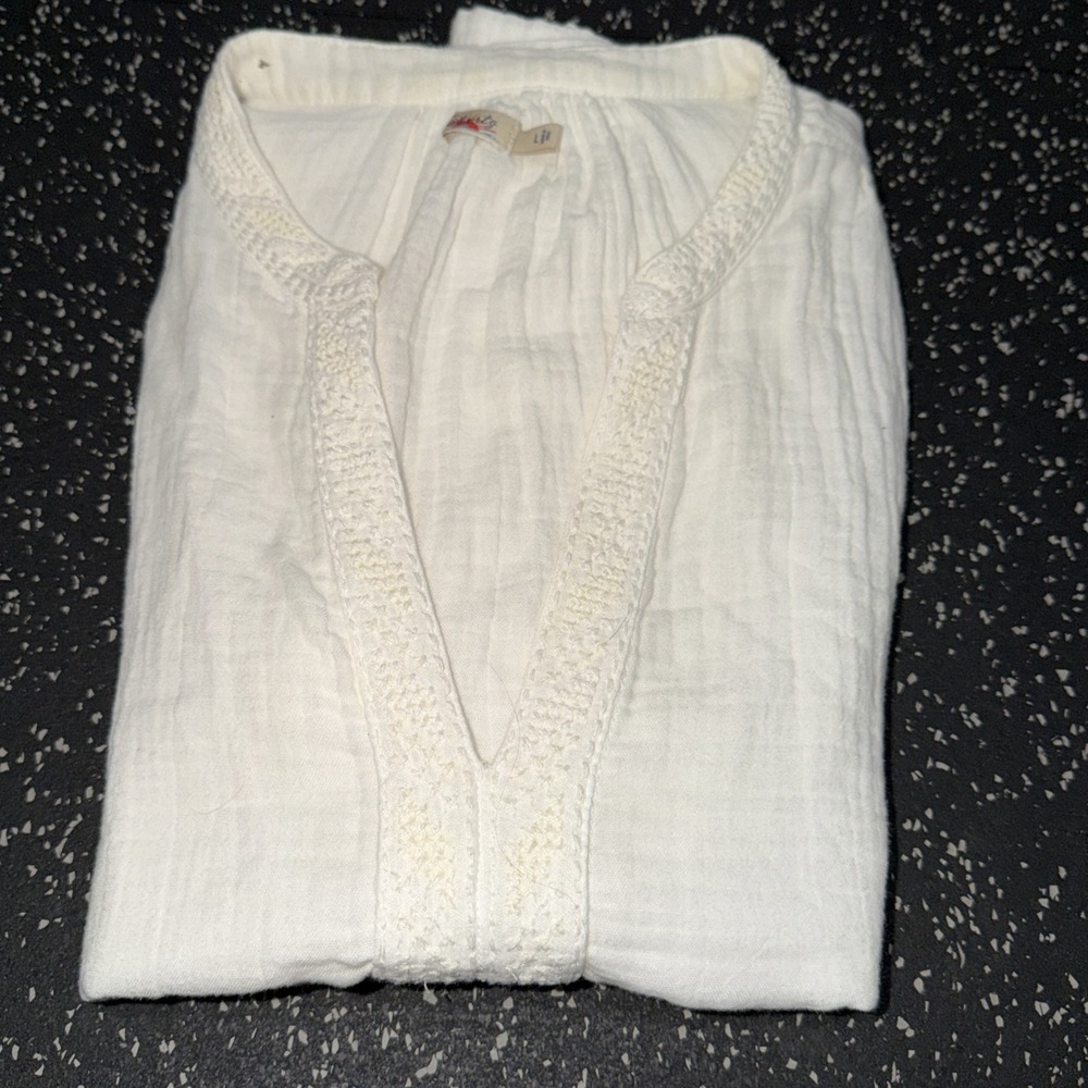 Faherty Womens Med White Organic Cotton Gauze Crochet V-Neck Top Boho Coastal - Picture 9 of 9